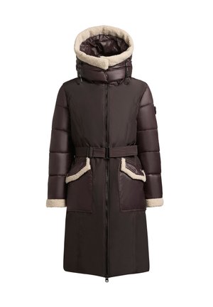 Pruun polsterdatud parka kõrge kraega, beežist faux furrist vooder, reguleeritav nööriga kapuuts, vöökoht, ja kaks suurt eesmist taskut.