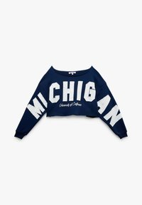 Sudadera corta azul marino con letras blancas que dicen "MICHIGAN" y "Universidad de California" en una tipografía estilizada. Material de mezcla de algodón.