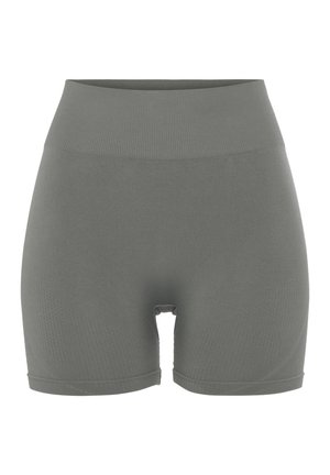 Hochtaillierte kurze Leggings in Olivgrün, aus dehnbarem Stoff mit strukturierten Oberflächen und ohne sichtbare Verschlüsse oder Muster.