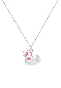 Sølv kædedesign med en farverig unicorn pendant på en sky, med lyserøde og regnbuefarvede accenter samt glat emalje detaljer.