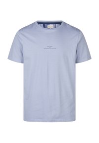 Lichtblauwe katoenen T-shirt met een ronde hals, korte mouwen en een bedrukte logo met de tekst "Phil & Co. Weekend Collection" op de voorkant.
