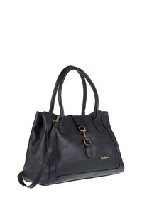 Borsa a tracolla in pelle nera a granuli con doppi manici e hardware dorato. Presenta una forma strutturata e una tracolla staccabile.