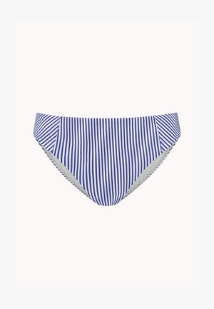 Blaue und weiße Bikinihose mit vertikalen Streifen, niedrigem Bund und mäßiger Bedeckung vor einfarbigem Hintergrund.