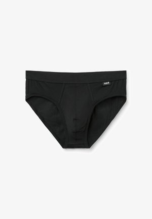 Zwarte herenonderbroek van soepel materiaal, met een nauwsluitende pasvorm, gestikte naden en een label op de tailleband. Eenvoudig en klassiek ontwerp.