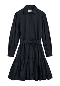 Rochie din bumbac bleumarin cu guler, mâneci lungi, manșete elastice, talie strânsă și fustă cu volane și evazată.