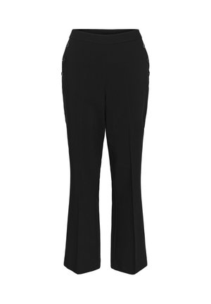 Black flared trousers made of smooth fabric, featuring a wide waistband and button accents on the sides. Tailored fit with straight legs.