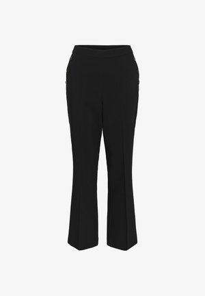 Schwarze Schlaghose aus glattem Stoff, mit einem breiten Bund und Knopfdetails an den Seiten. Maßgeschneiderte Passform mit geraden Beinen.