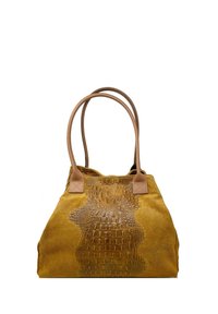 Žlutá semišová kabelka s vyraženou krokodýlí texturou na přední straně. Obsahuje dvě hnědé kožené uši a strukturovaný tvar.