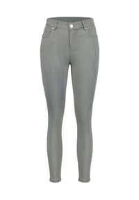 Gray high-waisted skinny jeans made of denim. Features include five pockets, a front button closure, and a clean, smooth texture.