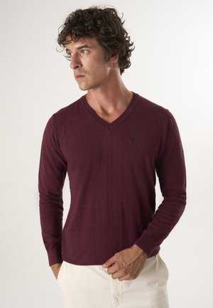 Giovane uomo con capelli ricci che indossa un maglione bordeaux con scollo a V e pantaloni chiari, guarda verso sinistra con una mano in tasca.