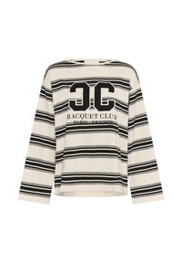 Gestreiftes Langarmshirt in Beige und Schwarz, mit rundem Halsausschnitt und "Racquet Club"-Logo mit auffälligen Buchstabenakzenten auf der Vorderseite.