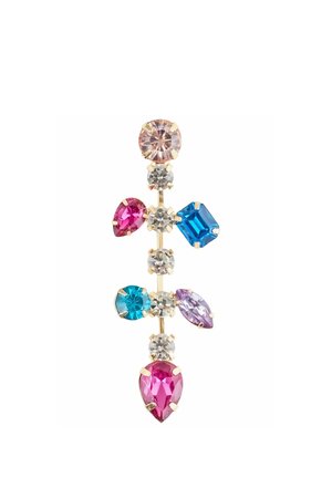 Multi-colored earring featuring round, pear, and rectangular crystal shapes in pink, blue, and purple, set in gold-tone metal.