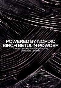 Close-up of black textured product surface with text highlighting Nordic birch betulin powder for clump-free, long-lasting buildable volume.