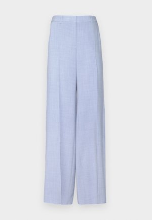 Light blue, wide-leg trousers with a textured fabric. Features a front pleat, belt loops, and a straight waistline. No visible hardware.