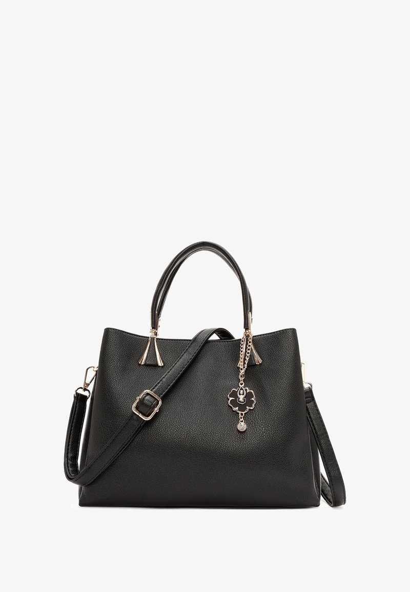Black leather handbag with dual top handles, adjustable shoulder strap, and a decorative dangling black and gold charm.