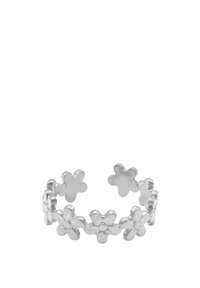 Anello in metallo argentato con un design floreale caratterizzato da piccole forme di fiori connesse. Texture liscia con finitura lucida. Stile a fascia aperta.