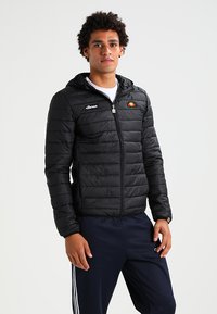 Schwarze Pufferjacke mit Reißverschluss vorne und Kapuze. Sie hat vertikale Steppnähte und ein kleines farbiges Logo auf der Brust.