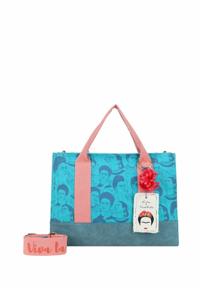Borsa a tracolla blu in tela con manici rosa, con illustrazioni di Frida Kahlo. Include un pompon decorativo e un portachiavi "Viva la".
