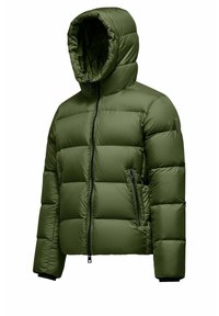 Olijfgroen pufferjack met een capuchon, voorzien van een gevoerde quilt, een ritssluiting aan de voorkant en zijzakken. Gladde, glanzende stoftextuur.