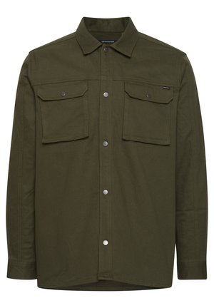 Olive green button-up shirt made of a sturdy fabric with two front pockets and silver snaps. Features a classic collar and straight cut.