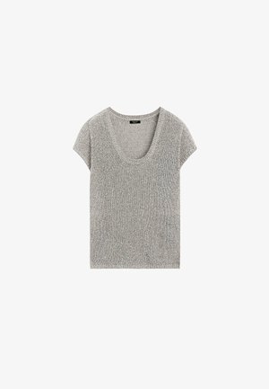 Pull court en maille gris avec large encolure ronde et tissu texturé, présenté à plat sur fond blanc.