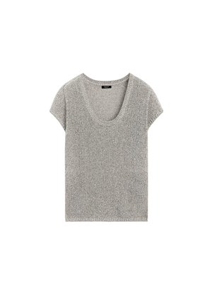 Maglione grigio a maniche corte con ampia scollatura rotonda e tessuto strutturato, mostrato disteso su sfondo bianco.