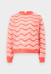 Sweter tricotado com padrão em corais e rosa claro, apresentando uma textura ondulada, mangas longas e um decote redondo. Material macio e quente.