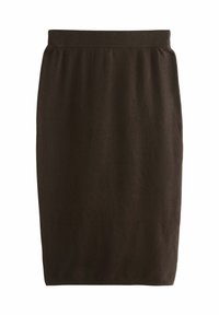 Brauner Bleistiftrock aus weichem, strukturiertem Stoff mit einer figurbetonten Silhouette und einem gerippten Elastikbund. Keine sichtbaren Muster oder Beschläge.