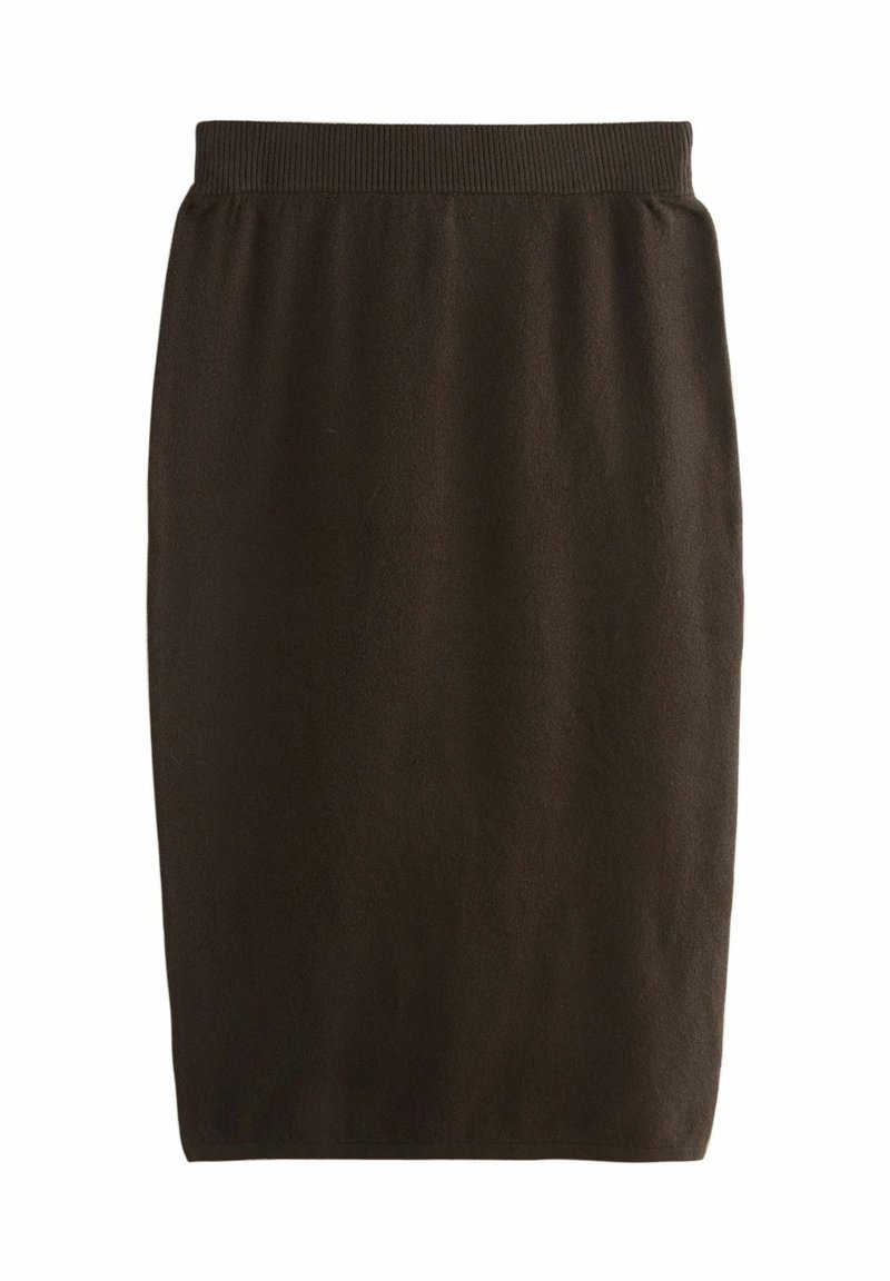 Brauner Bleistiftrock aus weichem, strukturiertem Stoff mit einer figurbetonten Silhouette und einem gerippten Elastikbund. Keine sichtbaren Muster oder Beschläge.