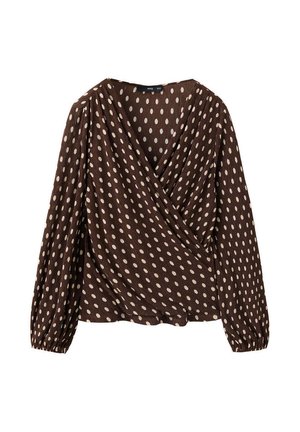 Bruine blouse met lange mouwen met beige polkadots, overslagstijl vooraan en geplooide manchetten.