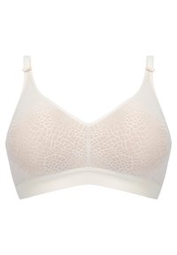 Lace bralette in a soft beige color featuring floral patterns, seamless design, adjustable straps, and a smooth elastic band for comfort.