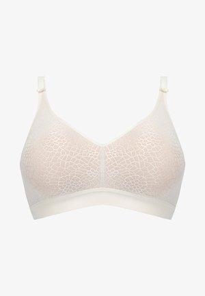 Bralette rendado numa suave cor bege, apresentando padrões florais, design sem costuras, alças ajustáveis e uma banda elástica lisa para conforto.