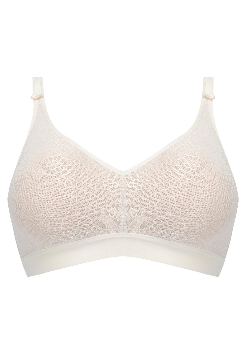 Lace bralette in a soft beige color featuring floral patterns, seamless design, adjustable straps, and a smooth elastic band for comfort.