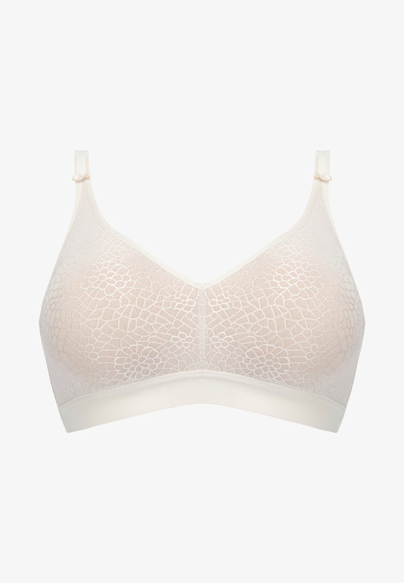 Bralette en dentelle de couleur beige doux avec des motifs floraux, au design sans couture, des bretelles ajustables et une bande élastique lisse pour le confort.