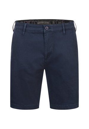 Shorts en coton bleu marine avec une texture lisse, dotés d'une fermeture à bouton, de passants de ceinture et d'un ourlet cousu.