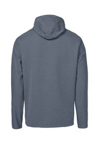 Blue long-sleeve hoodie, ribbed texture, relaxed fit, featuring a hood and no visible logos or graphics on the back.