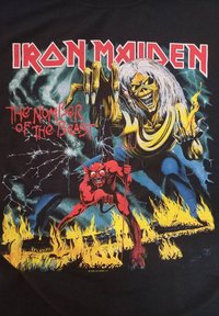 La camiseta negra presenta un gráfico colorido de una figura esquelética y un diablillo rojo en una escena infernal con llamas y relámpagos.