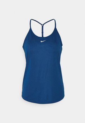 Débardeur sportif pour femmes Nike bleu avec fines bretelles et dos nageur, arborant un petit logo Nike swoosh blanc sur la poitrine.