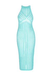 O rochie tricotată turquoise cu decolteu halter, având un model geometric și o siluetă ajustată, care se extinde până la jumătatea gambei.
