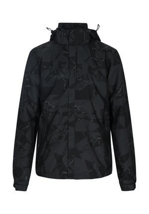 Giacca nera con un motivo geometrico, realizzata in un materiale leggero. Presenta un colletto alto, un cappuccio regolabile e tasche laterali con zip.