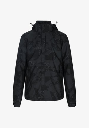 Giacca nera con un motivo geometrico, realizzata in un materiale leggero. Presenta un colletto alto, un cappuccio regolabile e tasche laterali con zip.