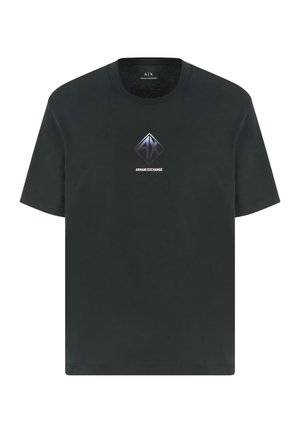 Zwart katoenen T-shirt met een ronde hals, korte mouwen en een centraal grafisch logo in diamantvorm. Overal een gladde textuur.