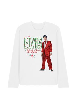 Weißes langärmliges Hemd mit farbigem Text "ELVIS A Rock 'n' Roll Christmas" und einem Mann im roten Anzug neben dem Text.