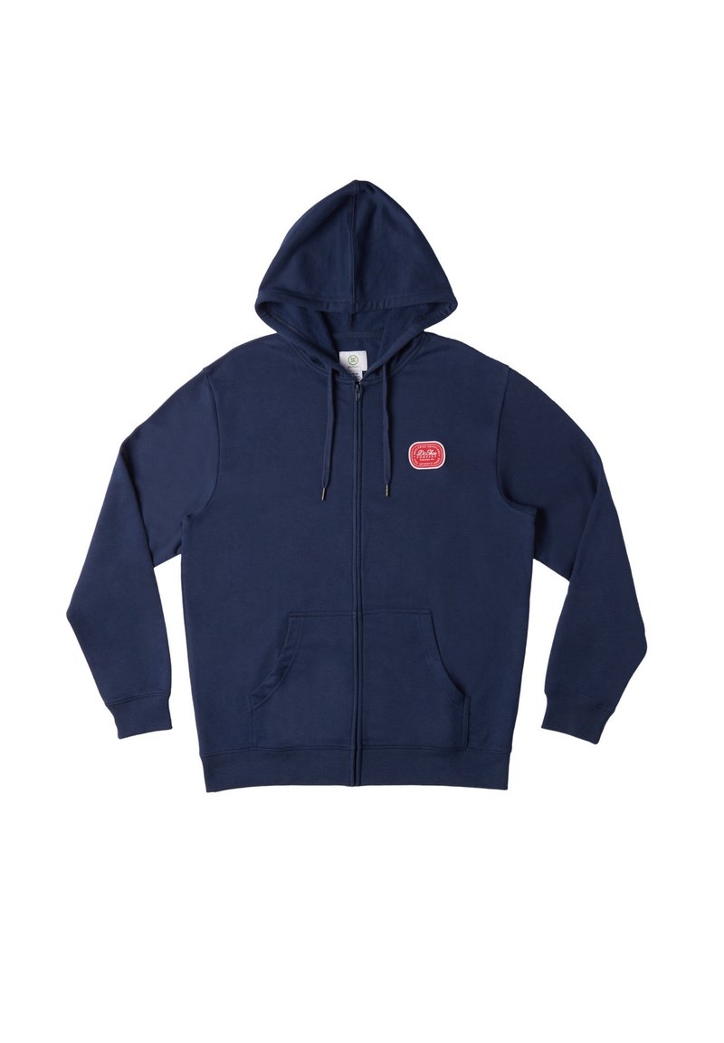 Námornícka modrá mikina na zips z jemného fleece materiálu, so prednou nášivkou loga, kapucňou na šnúrku a dvoma bočnými vreckami.