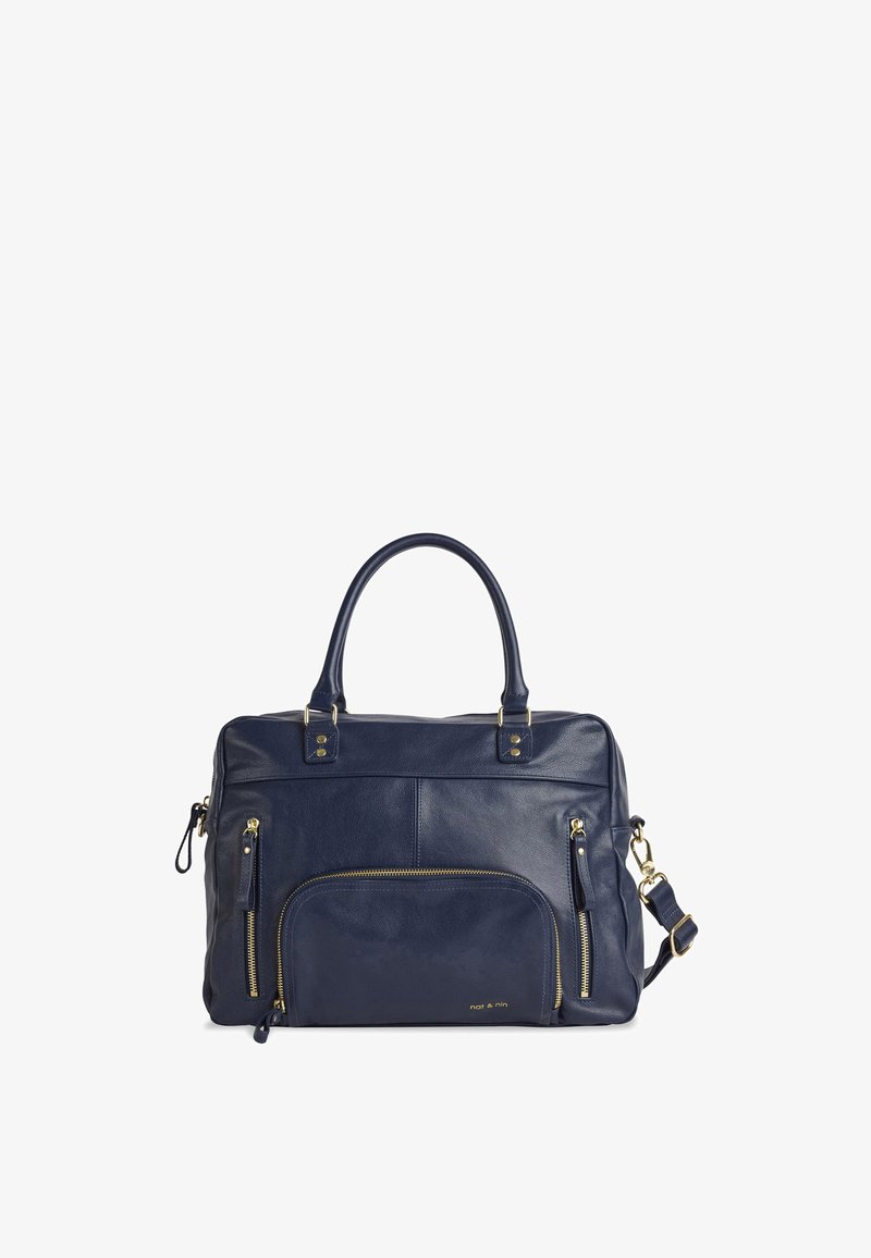 Navy leather bag featuring dual handles, gold-tone hardware, two front zip pockets, and a detachable shoulder strap. Smooth texture.