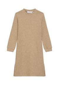 Khakifarbenes, geripptes Strickkleid mit rundem Ausschnitt, langen Ärmeln und seitlichen Schlitzen, aus einem weichen Stoff mit strukturierter Oberfläche.