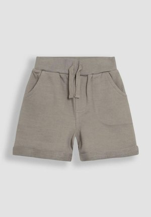 Pantalones cortos de algodón grises con una cinturilla elástica, cordón, dos bolsillos laterales y un diseño de dobladillo doblado. Textura suave y estilo casual.