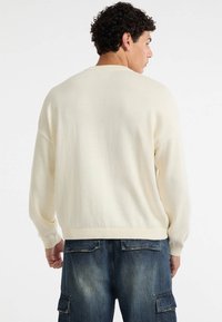 Cremfarbener Strickpullover mit lockerer Passform, geripptem Saum und Bündchen. Der Stoff wirkt weich, mit einer glatten Textur und ohne sichtbare Muster.