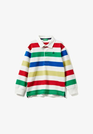 Poloshirt met lange mouwen en brede horizontale strepen in rood, groen, blauw, beige en wit, voorzien van een klein zwart logo op de borst.