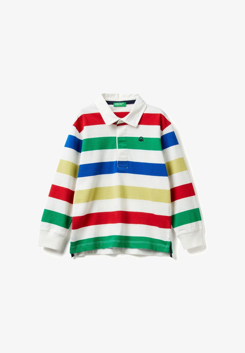 Koszulka polo z długim rękawem z szerokimi poziomymi paskami w kolorach czerwonym, zielonym, niebieskim, beżowym i białym, z małym czarnym logo na piersi.